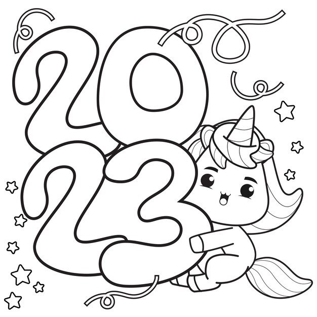 かわいいユニコーンの新年あけましておめでとうございます塗り絵