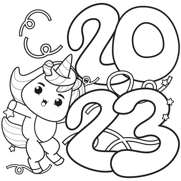 かわいいユニコーンの新年あけましておめでとうございます塗り絵
