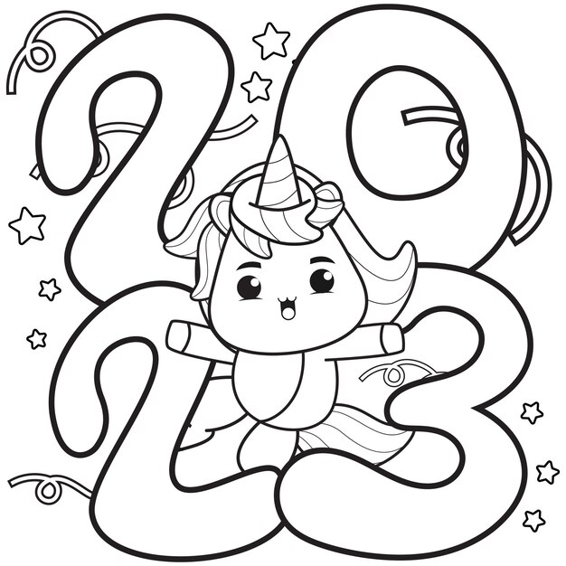 かわいいユニコーンの新年あけましておめでとうございます塗り絵
