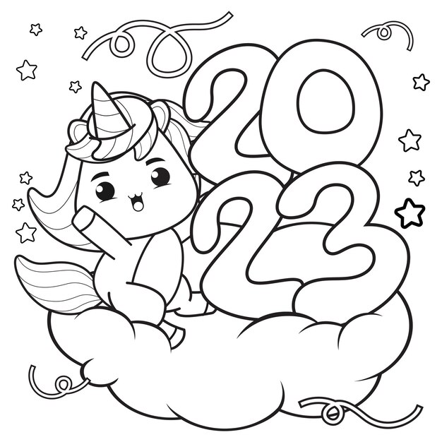 かわいいユニコーンの新年あけましておめでとうございます塗り絵