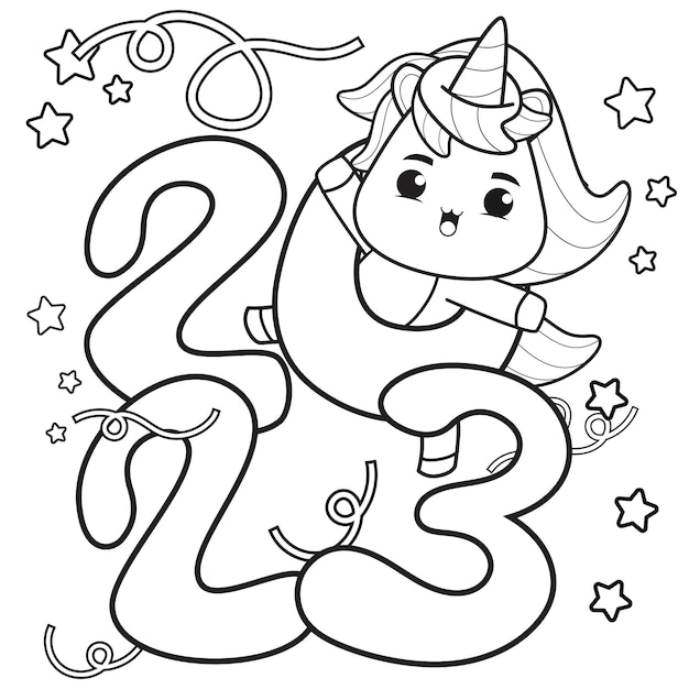 Vector happy newyear coloring book with cute unicorn