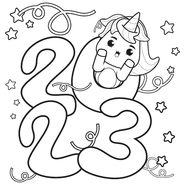 かわいいユニコーンの新年あけましておめでとうございます塗り絵