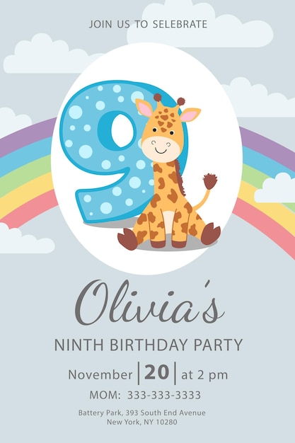 Vector happy ninth birthday with giraffe baby girl invitation card vector