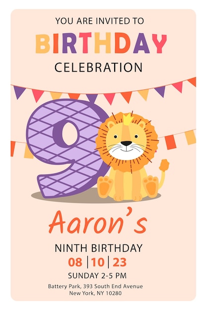 Vector happy ninth birthday with lion baby boy invitation card vector