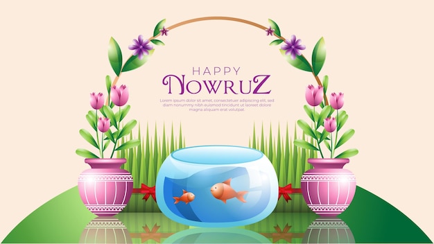 꽃 일러스트와 함께 행복 nowruz 배너 템플릿