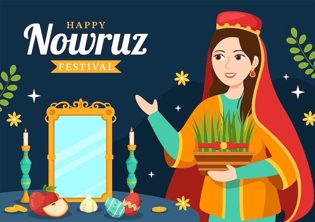 Vettore happy nowruz day o illustrazione del nuovo anno iraniano in modelli disegnati a mano di cartoni animati piatti