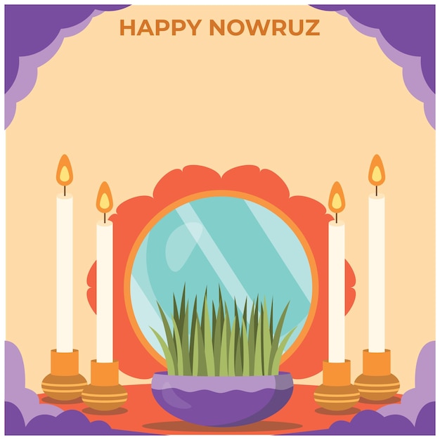 Vector happy nowruz day or iranian new year illustration with grass samini and fish for web banner