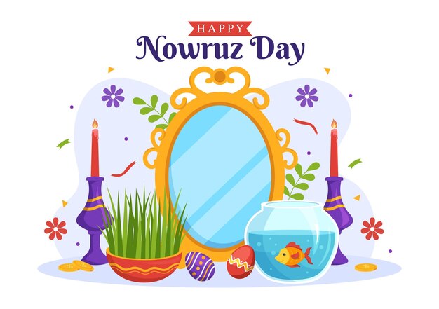 벡터 플랫 만화 손으로 그린 템플릿의 해피 nowruz 데이 또는 이란 설날 그림