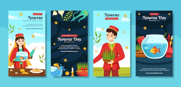 Happy nowruz day social media stories flat cartoon modelli disegnati a mano illustrazione di sfondo