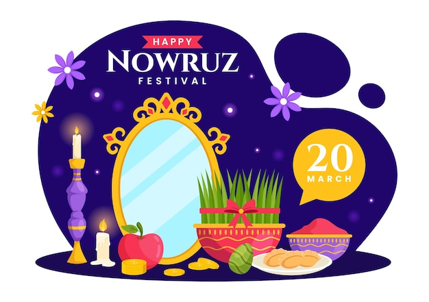 Happy nowruz day vector illustration translation persian new year with glass and grass semeni