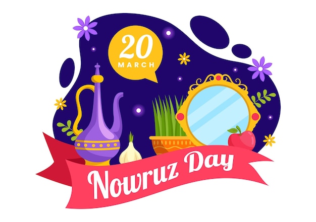 Vector happy nowruz day vector illustration translation persian new year with glass and grass semeni