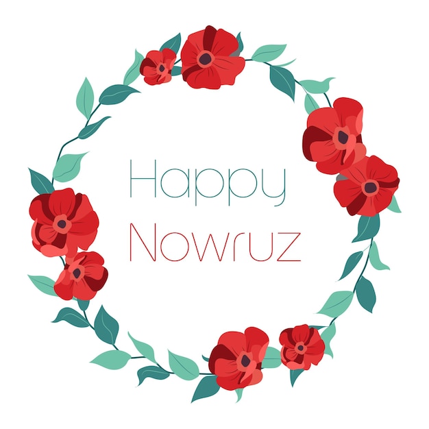 Поздравительная открытка счастливого новруза с красными цветами и листьями