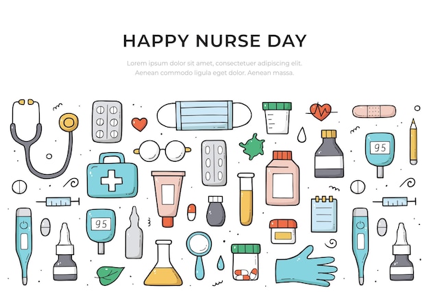 Happy nurse day website banner template in color. medical and healthcare concept. doodle sketch style.  composition design.