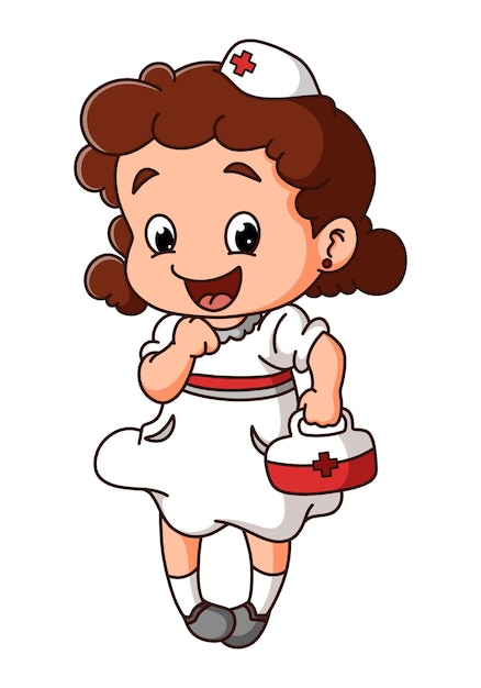Vector the happy nurse is walking and holding a medical kit of illustration