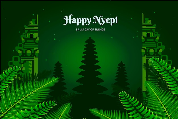 Happy nyepi balinese day temple di notte con sfondo tropicale