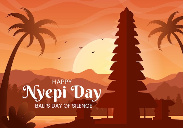 Happy nyepi day or balis silence to hindu ceremonies in the background of the temple illustration