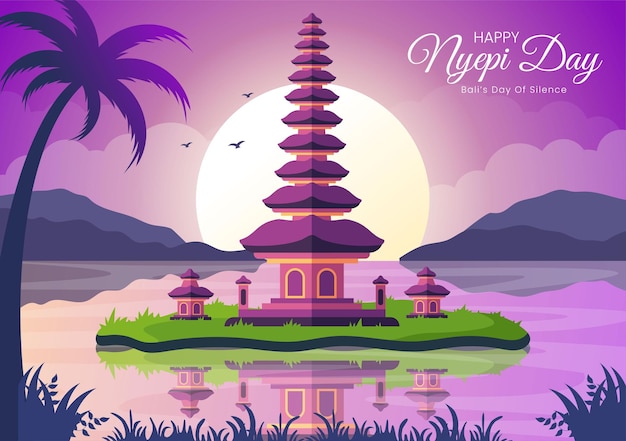 Happy nyepi day or balis silence to hindu ceremonies in the background of the temple illustration