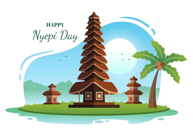 Vector happy nyepi day or balis silence to hindu ceremonies in the background of the temple illustration