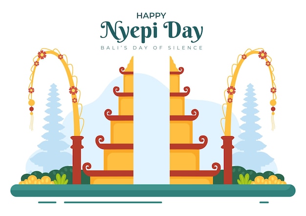 Happy nyepi day or balis silence to hindu ceremonies in the background of the temple illustration