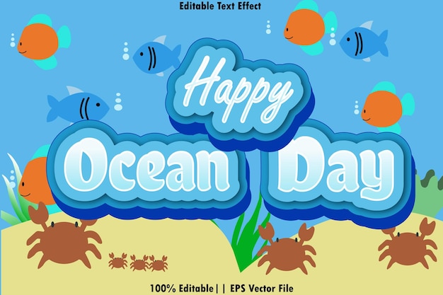 Happy Ocean Day bewerkbaar teksteffect emboos cartoonstijl