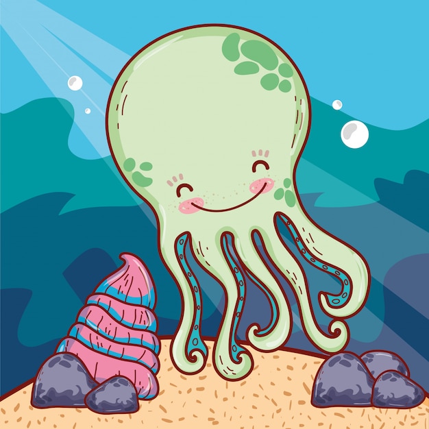 Vector happy octopus sea animal with shell