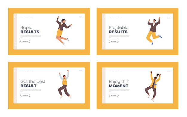 Happy Office Employees Jump with Raised Arms Landing Page Template Set Characters Feel Positive Emotions Rejoice