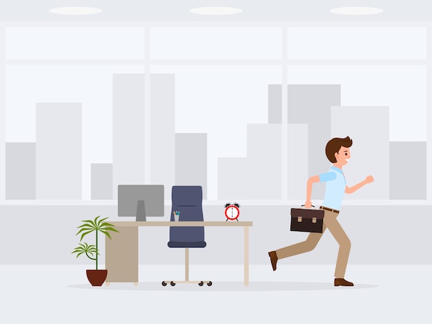 Happy office worker running away from job cartoon character