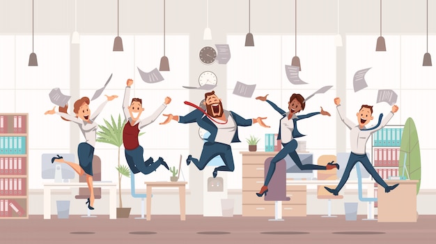 happy office workers jumping up