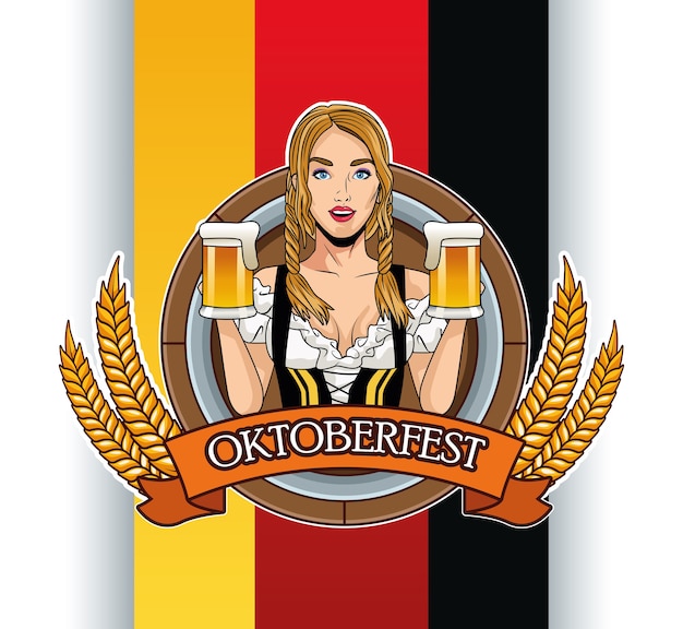 Vector happy oktoberfest card with beautiful woman drinking beers