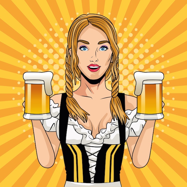 Vector happy oktoberfest celebration card with beautiful woman drinking beers