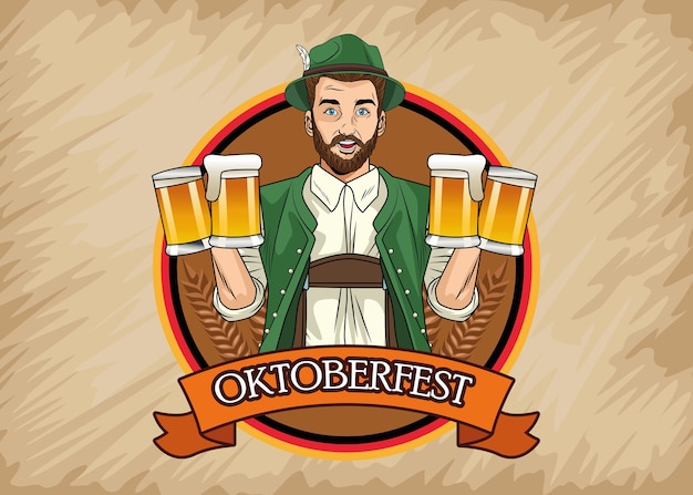 Happy oktoberfest celebration card with german man drinking beers in frame