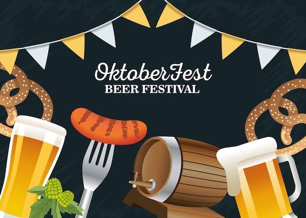 Felice celebrazione oktoberfest con ghirlande e set di icone illustrazione vettoriale design