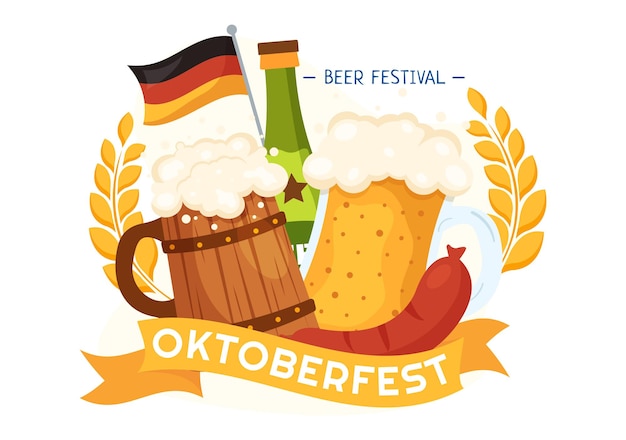 Happy Oktoberfest Party Beer Festival Vector Illustration in Background Cartoon Hand Drawn Templates