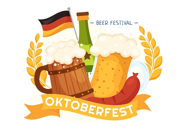 Вектор happy oktoberfest party фестиваль пива векторная иллюстрация в фоновом режиме мультфильм ручной рисунок шаблоны