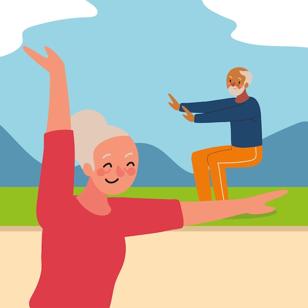 Happy old couple doing yoga