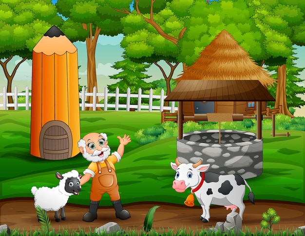 들판에서 농장 동물을 방목하는 행복한 늙은 농부