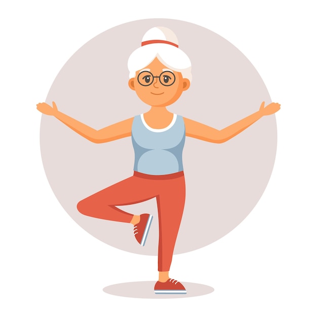 Vector happy old lady grandmother doing sports yoga walking elderly people exercising flat illustration