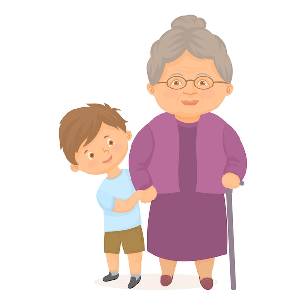 Happy old lady with a walker holding hands of little boy