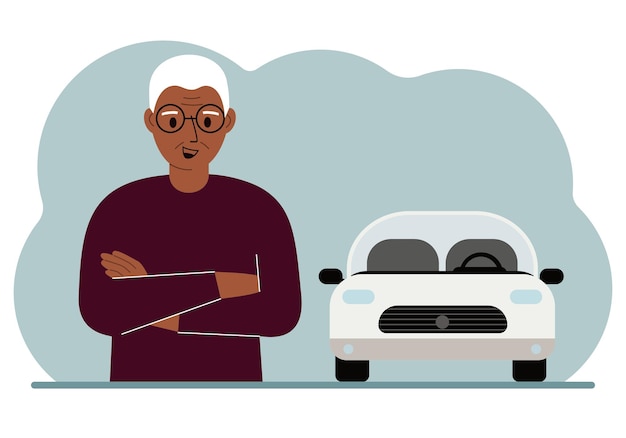 Happy old man next to a beautiful white car Vector flat illustration