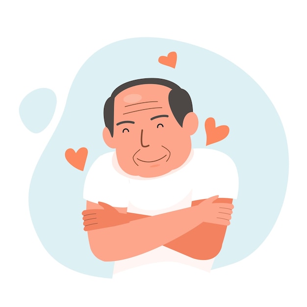 Vector happy old man hugging himself with heart icons self care self love