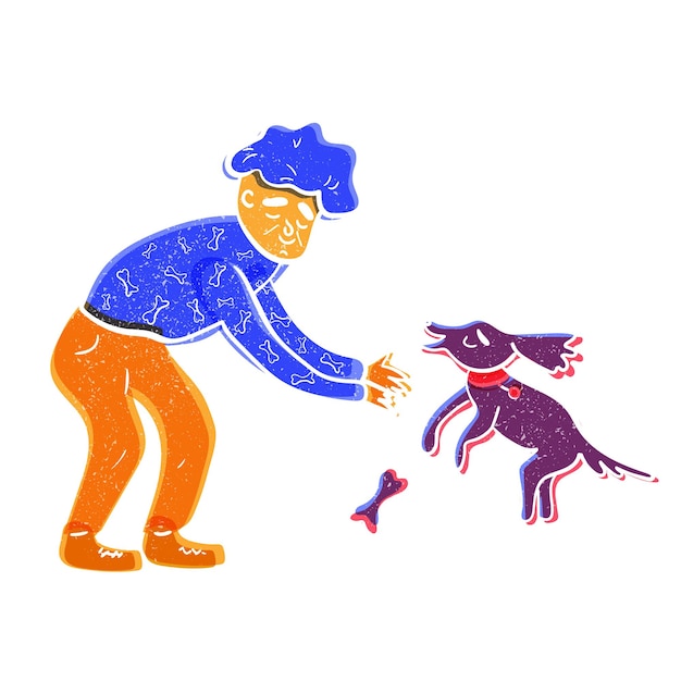 Vector a happy old man spends his time actively playing with his dog vector doodle illustration