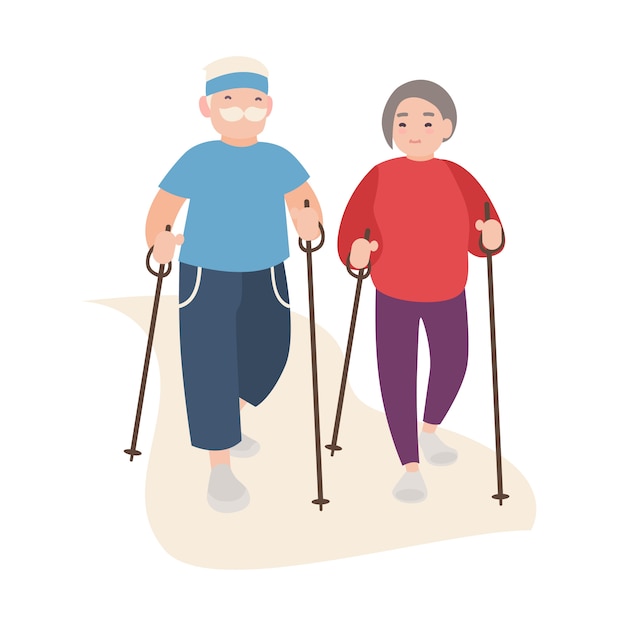 Happy old men and women dressed in sports clothing performing nordic walking. healthy outdoor activity for elderly people. flat cartoon characters isolated on white background. illustration.