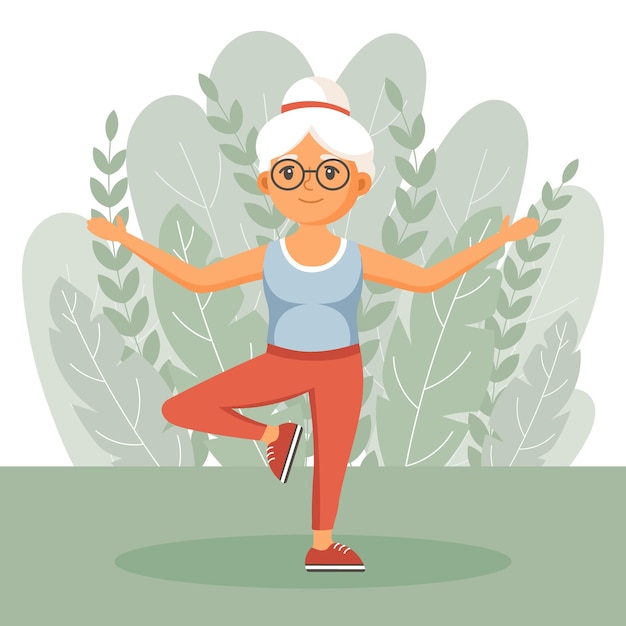 Vector happy old woman grandmother goes in for sports yoga walks an elderly woman is exercising