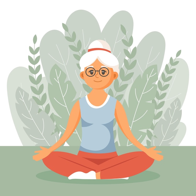 Vector happy old woman grandmother goes in for sports yoga walks an elderly woman is exercising