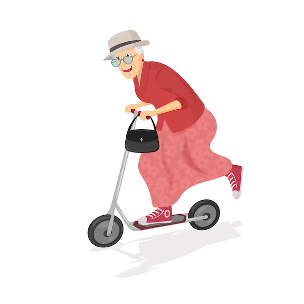 Happy old woman on the scooter.