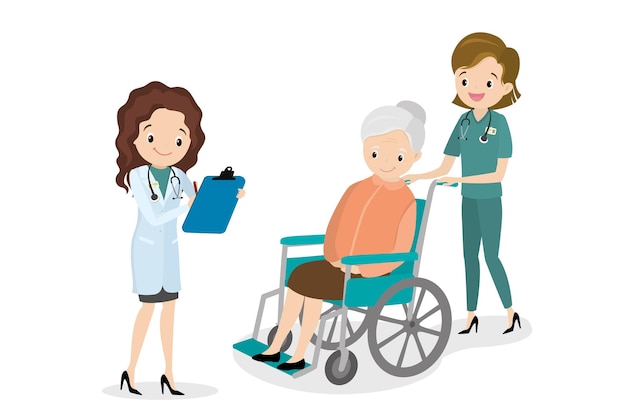 happy old woman in a wheelchair and female doctor and nurse vector