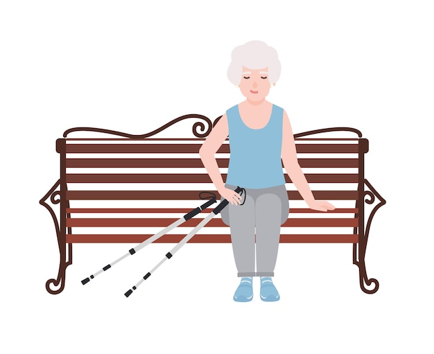 Happy old women dressed in sports clothing sitting on bench with poles for nordic walking. Rest or break during outdoor activity. Cartoon character isolated on white background. Vector illustration.