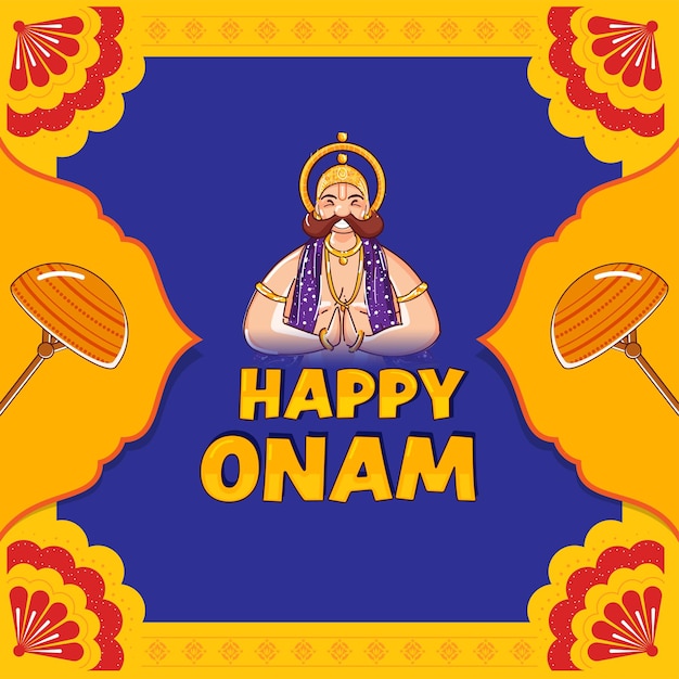 Happy onam celebration background with cheerful king mahabali doing namaste