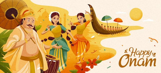 Vector happy onam celebration banner with mahabali king and dancers