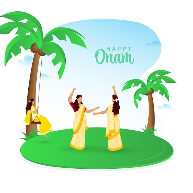 Vector happy onam celebration concept met anonieme zuid-indiase vrouwen kokospalmen op witte achtergrond